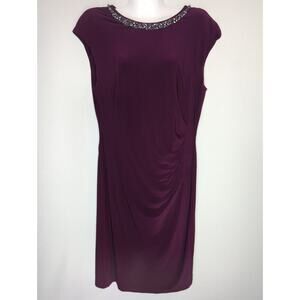 Lauren Ralph Lauren Purple Ruched Jeweled Neck Midi‎ Sheath Dress Size 12